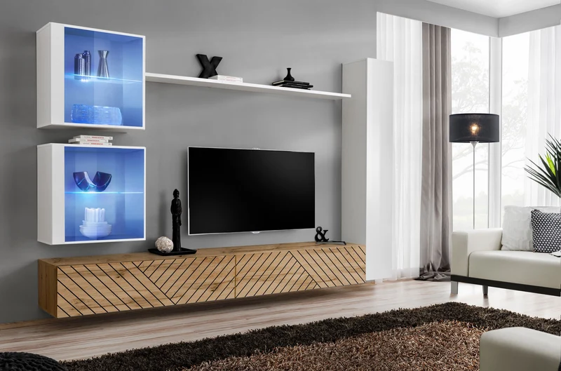 Lubne - Parete design living quercia decorata con vetrinette e luci blu - vari colori