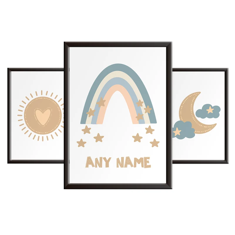 Girls Nursery Wall Art Set - Sun Moon and Rainbows