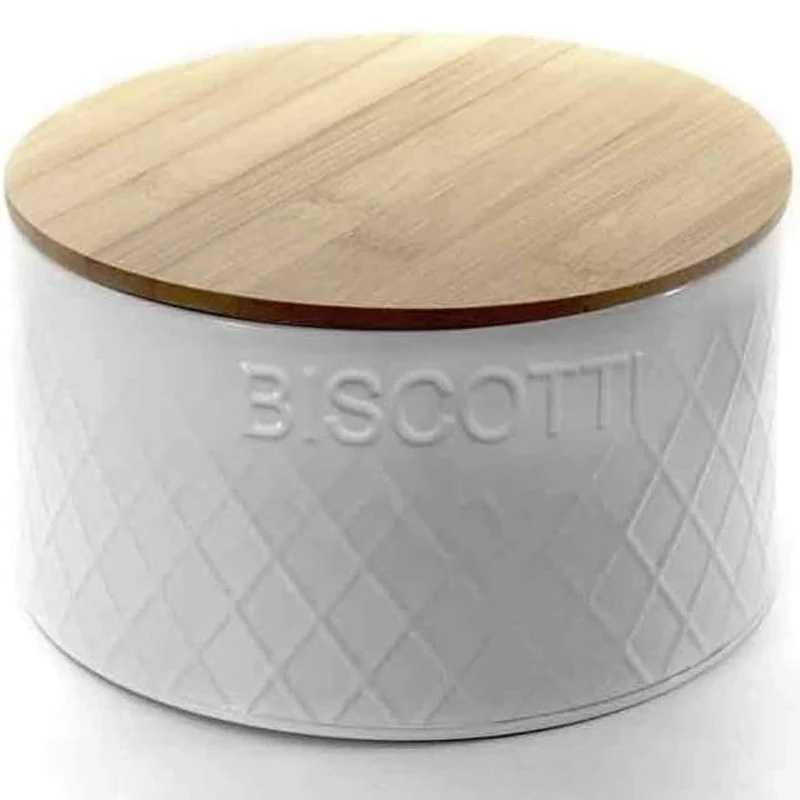 Biscottiera Barattolo per Biscotti e Dolci in Latta Bianca Tappo in Legno Bambu