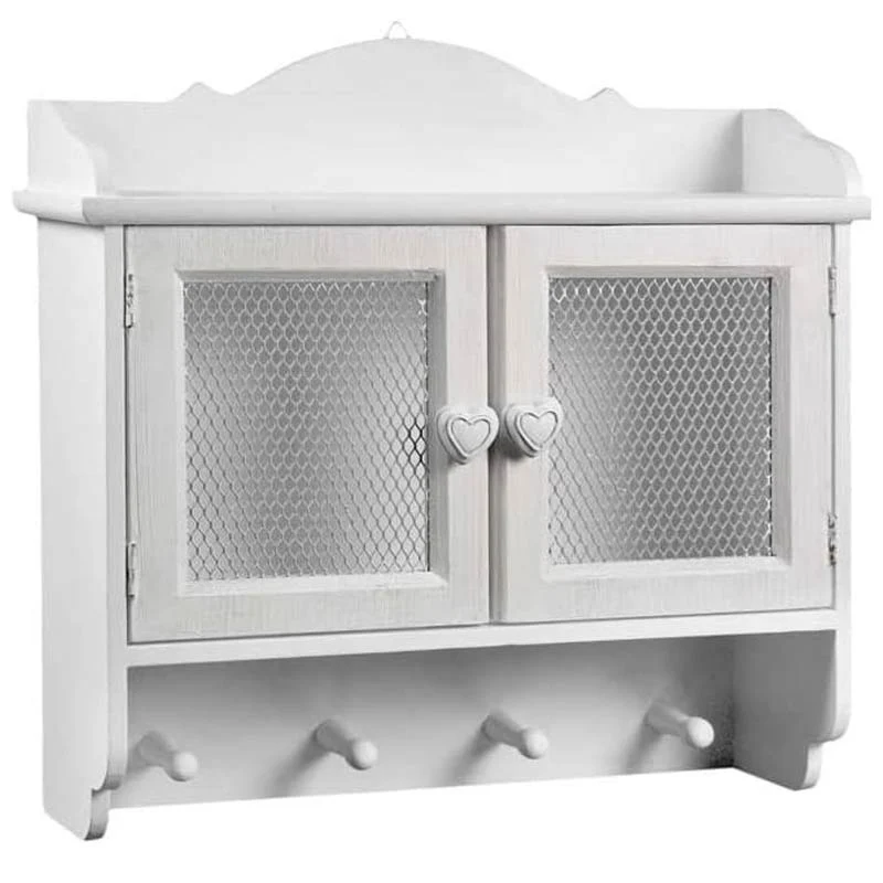 Mobiletto Vetrinetta in legno Bianco Shabby Chic 2 Ante 4 Ganci e Mensoletta