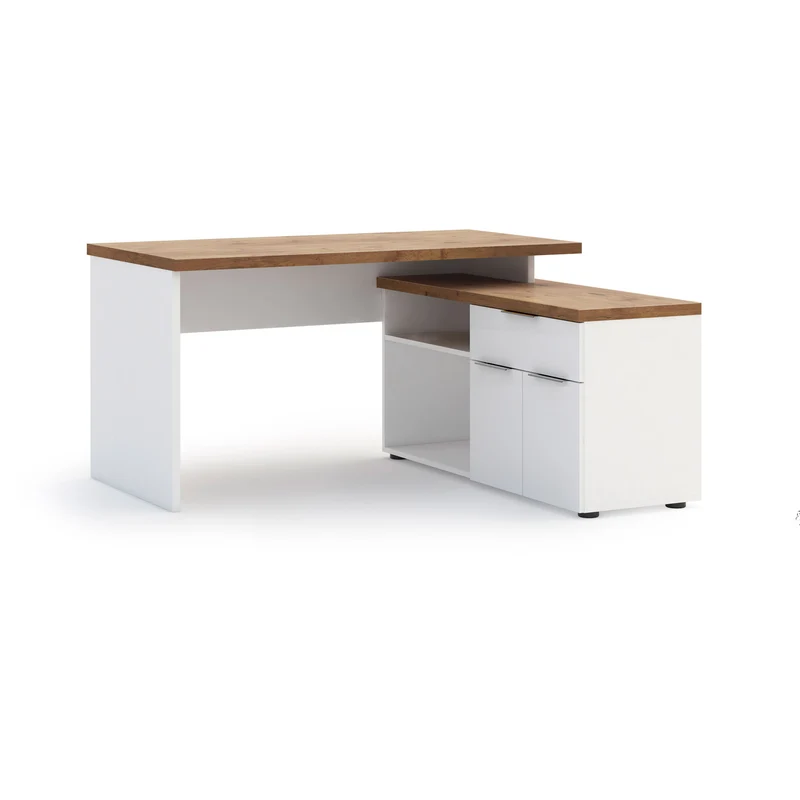 Scrivania angolare moderna con cassetto vani e ante bianco e rovere cm 140x120x73h