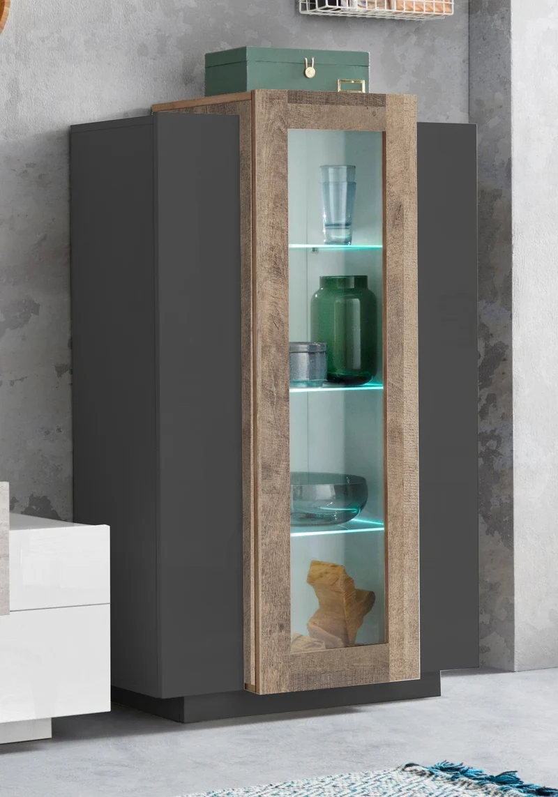 Vetrina moderna antracite con anta centrale a vetro e cornice rovere cm 80x38x112,5h