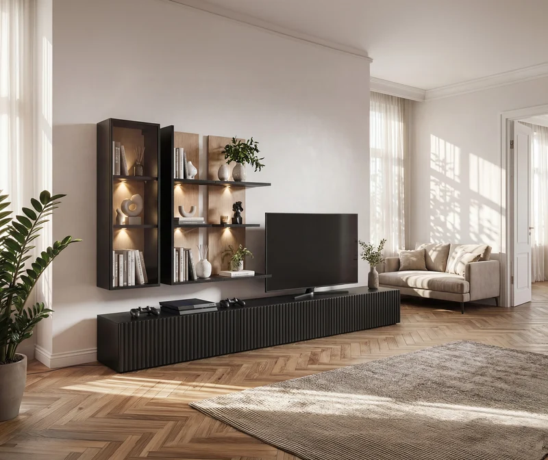 Parete Attrezzata Soggiorno Moderna Nera e Rovere con Luci LED e Mobile TV Canettato cm 300x45x160h