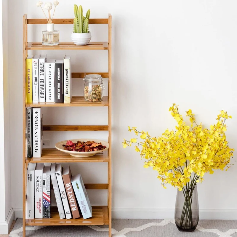 Libreria Scaffale Multiuso in Legno di Bambu 4 Ripiani 116x48x32cm Casa Ufficio