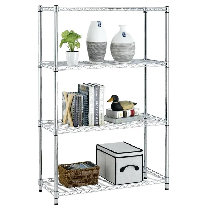 Scaffale 4 Ripiani in Acciaio Inox Cromato Mobile Libreria Multiuso 90x35x137cm