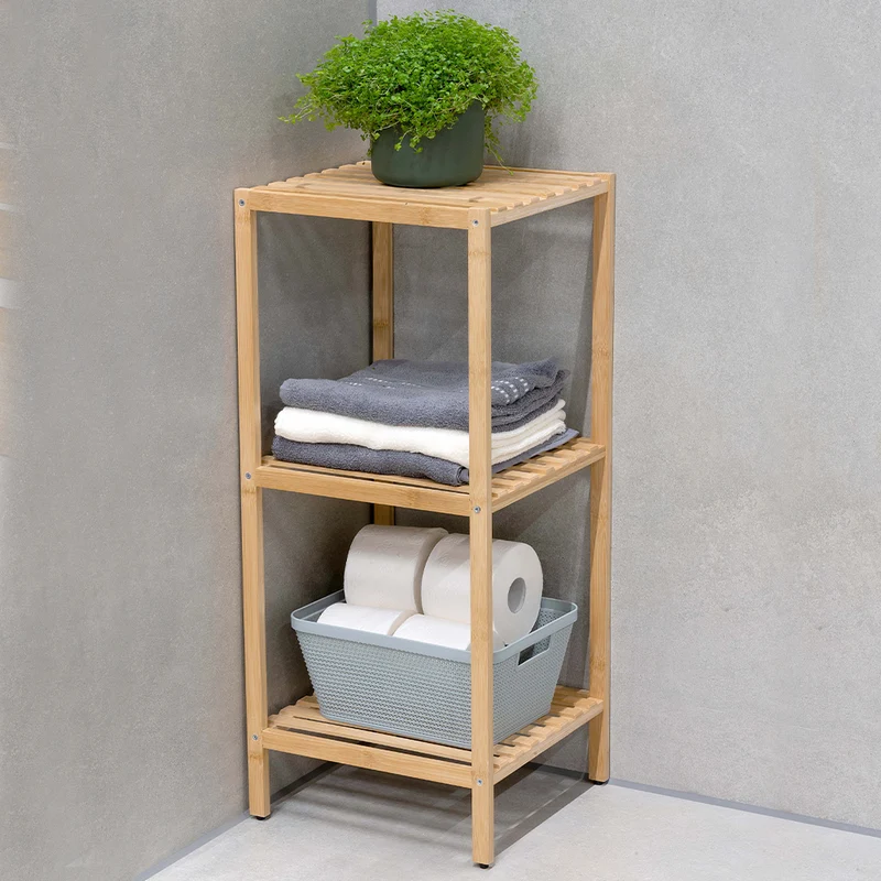 Scaffale a Colonna da Bagno 3 Ripiani Legno Bambù Armadio Organizer 33x32x77.5cm