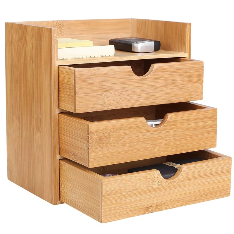 Organizer Portaoggetti Da Scrivania in Legno Bambu' Cassettiera 3 Cassetti