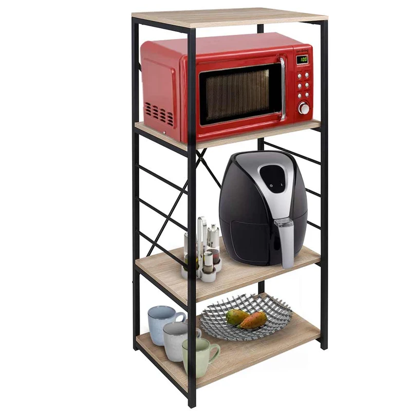 Scaffale Cucina Mobile Mobiletto Porta Microonde 4 Ripiani Legno e Metallo Nero
