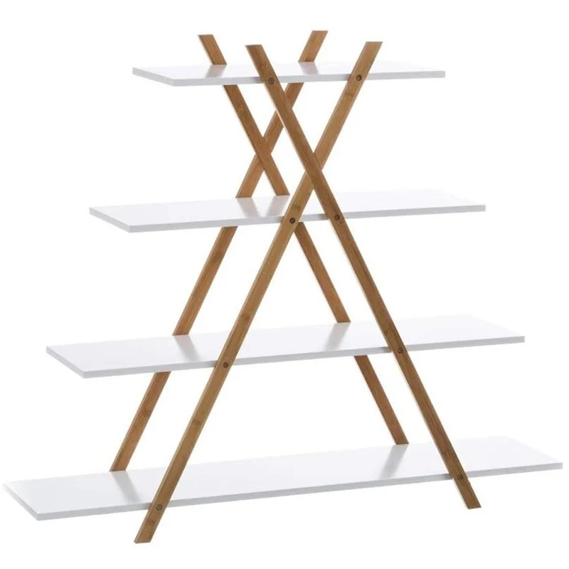 Libreria Design Moderno Scaffale 4 Ripiani Legno MDF e Bambu Casa Ufficio Bianco