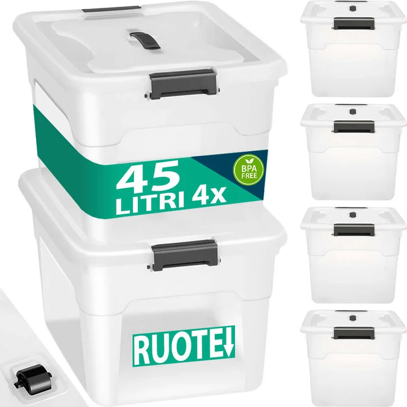 Set Scatole 4 x 45 L Portaoggetti in Plastica Cassetto Contenitore Salvaspazio