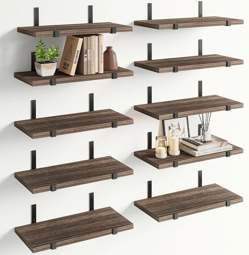 Set 10 Mensole in Legno Rovere da Parete Scaffalatura Muro Salvaspazio 40.5x15cm