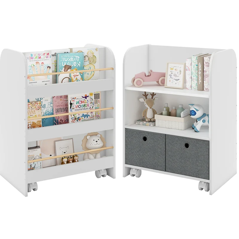 Libreria Montessoriana in Legno per Bambini con Ruote 2 in 1 Cassetti in Tessuto