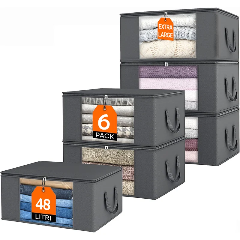 Set 6 Contenitori Pieghevoli 48L con Manici Rinforzati per Vestiti e Trapunte