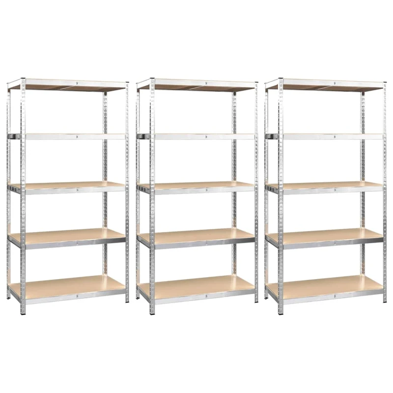 Scaffali 5 Ripiani Libreria Set 3 pz Argento in Acciaio e Legno Multistrato