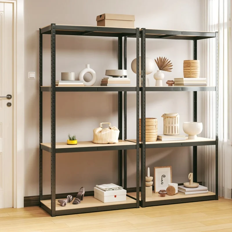 Set 2 pz Mensole Organizer 4 Strati Telaio Antracite in Acciaio e Legno