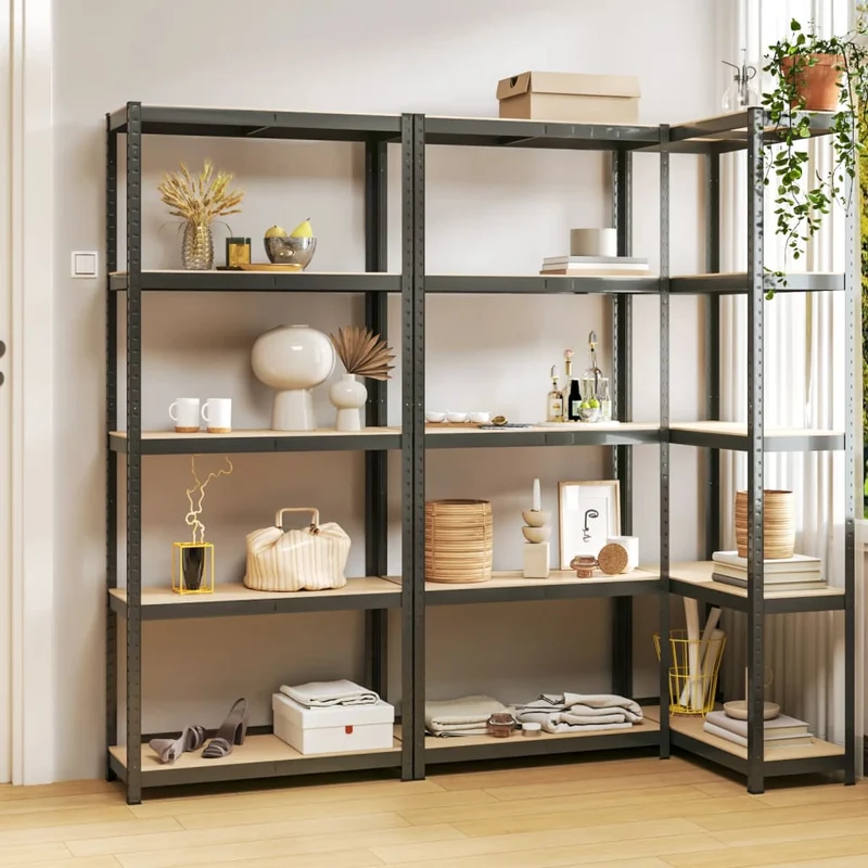 Set 3 Mensole Organizer 5 Strati Antracite Telaio in Acciaio e Legno Multistrato