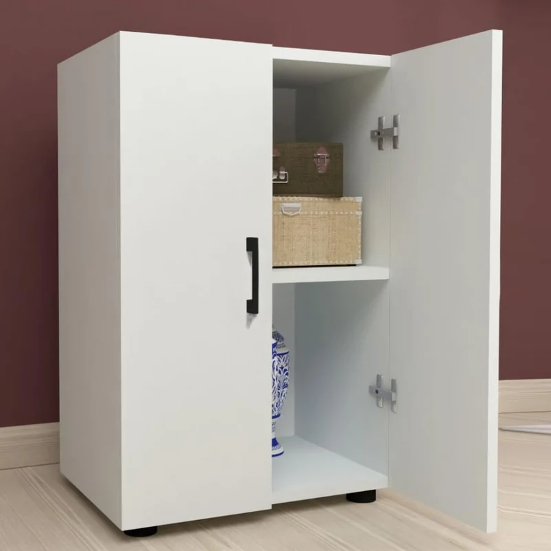 Mobile Multiuso con 2 Ante e 2 Ripiani in Legno Bianco Maniglie Nere 49x32x74cm