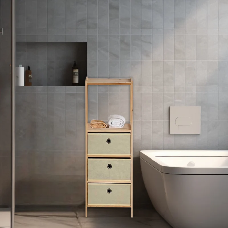 Scaffale con 2 Cassetti in Legno e Tela Mobile Bagno 32x26x89cm Colore Beige