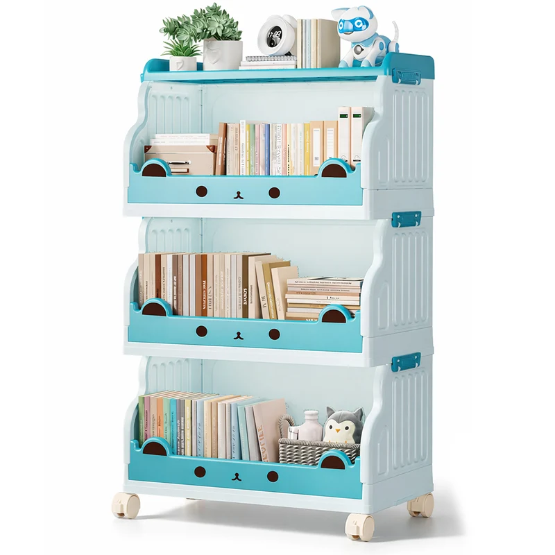 Carrello Impilabile a 3 Livelli Azzurro Contenitore Organizer Portagiochi Ruote