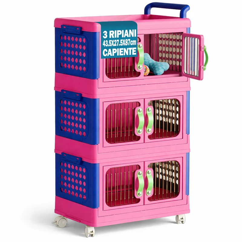 Carrello Portagiochi 3 Livelli Impilabili Contenitore Organizer Apribile e Ruote