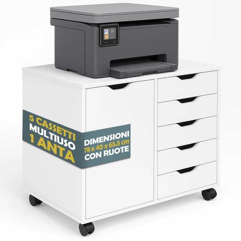 Schedario da Ufficio Porta Stampante Mobile Cassettiera 5 Cassetti 1 Anta Bianco