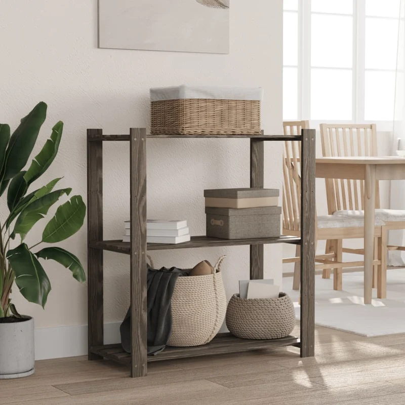 Scaffale a 3 Livelli Organizer Minimal in Legno di Pino Grigio 80x38x90 cm
