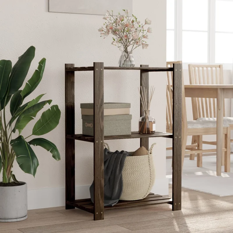 Scaffale a 3 Livelli Design Minimal in Legno Massello di Pino Nero 60x38x90 cm