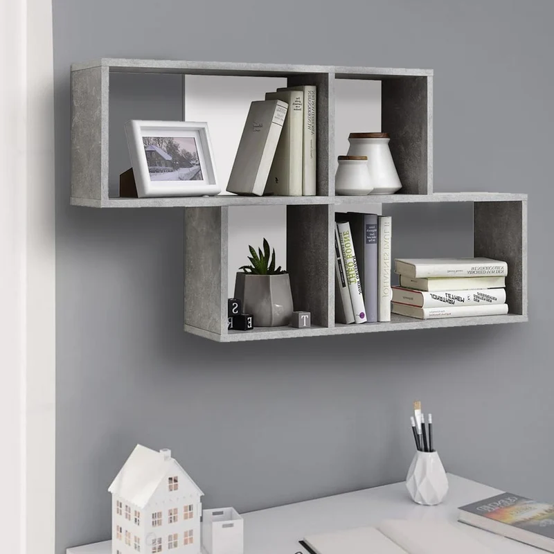 Libreria Scaffale Parete 4 Mensole Ripiani Design Moderno Legno Grigio Bianco