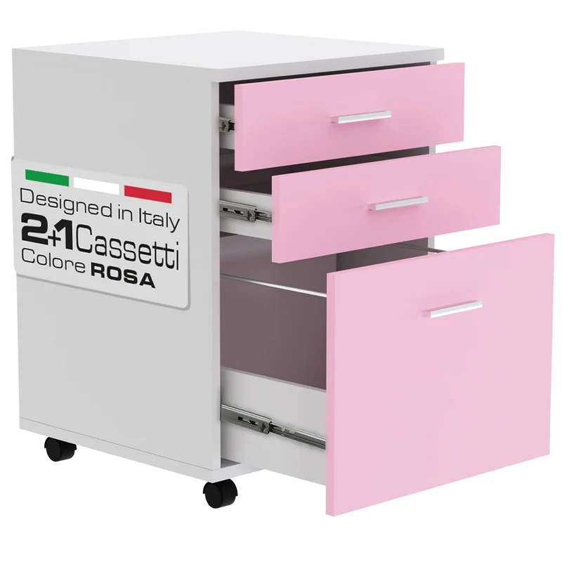 Cassettiera Scrivania Ufficio Legno MDF Mobiletto Stampante 3 Cassetti Rosa