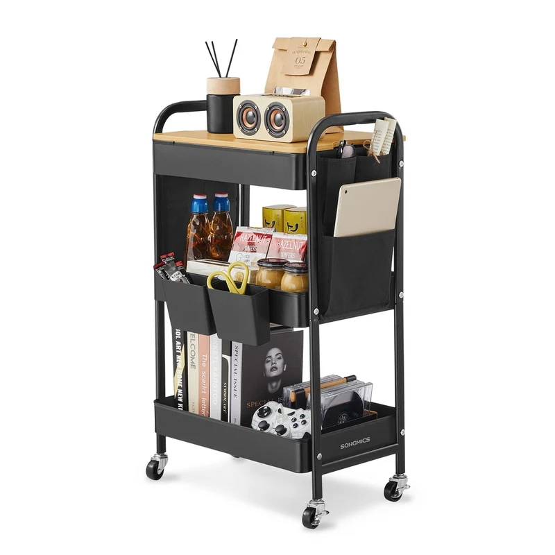 Carrello con Piano d’Appoggio Contenitori Pensili Rimovibili Tasche Laterali