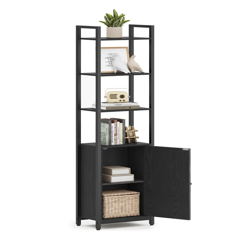 Libreria Scaffale Verticale con Anta Struttura in Metallo Ripiani Regolabili
