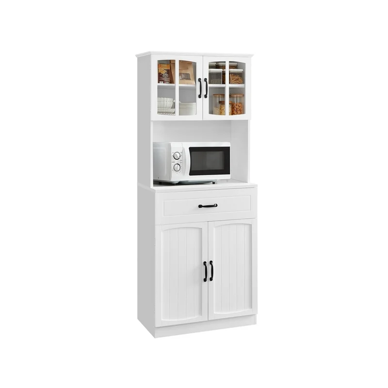 Credenza da Cucina Alta con Ante in Vetro e Ripiani Regolabili Bianco