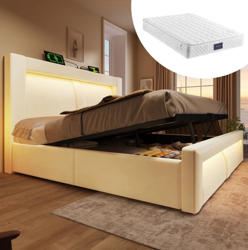 Letto matrimoniale 160x200 cm con contenitore; LED; USB e Type-C; in velluto beige; con materasso