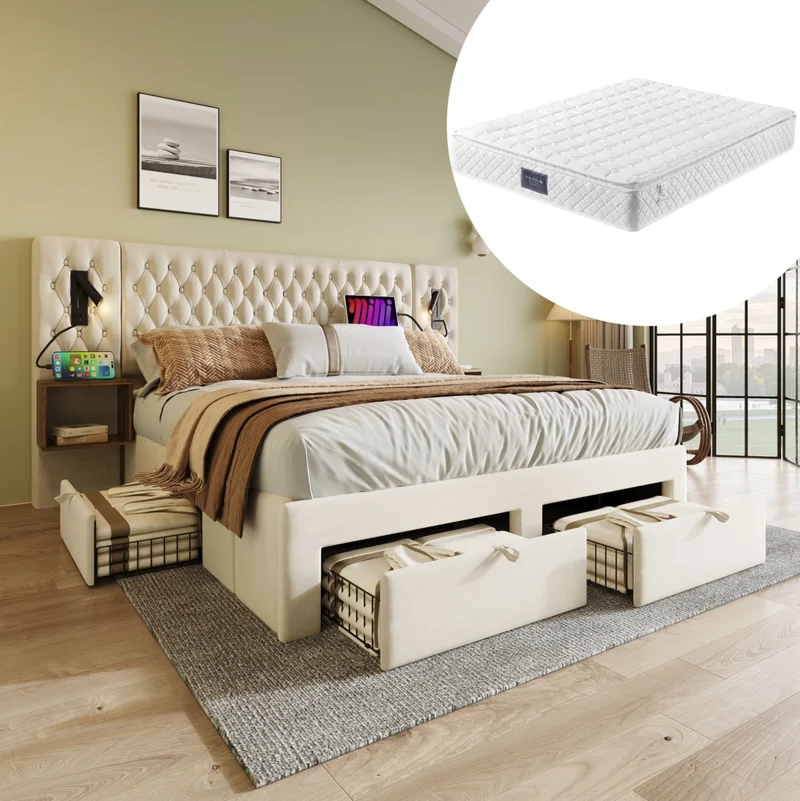 Letto matrimoniale 160x200 cm in velluto beige con comodini integrati; cassetti; luci lettura e materasso