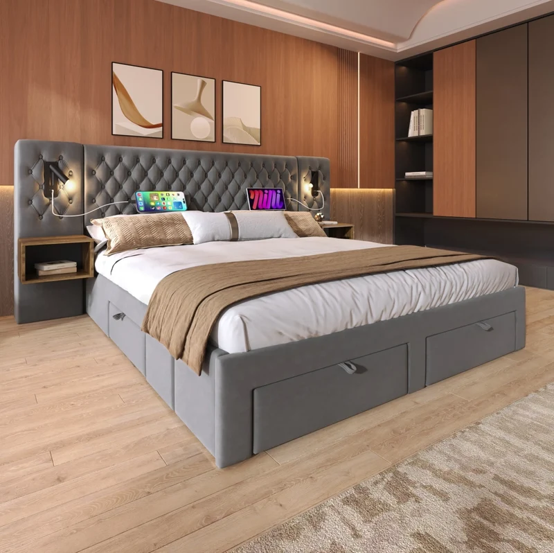 Letto matrimoniale 160x200 cm in velluto grigio con 2 comodini; 4 cassetti; luci lettura e presa USB Type C