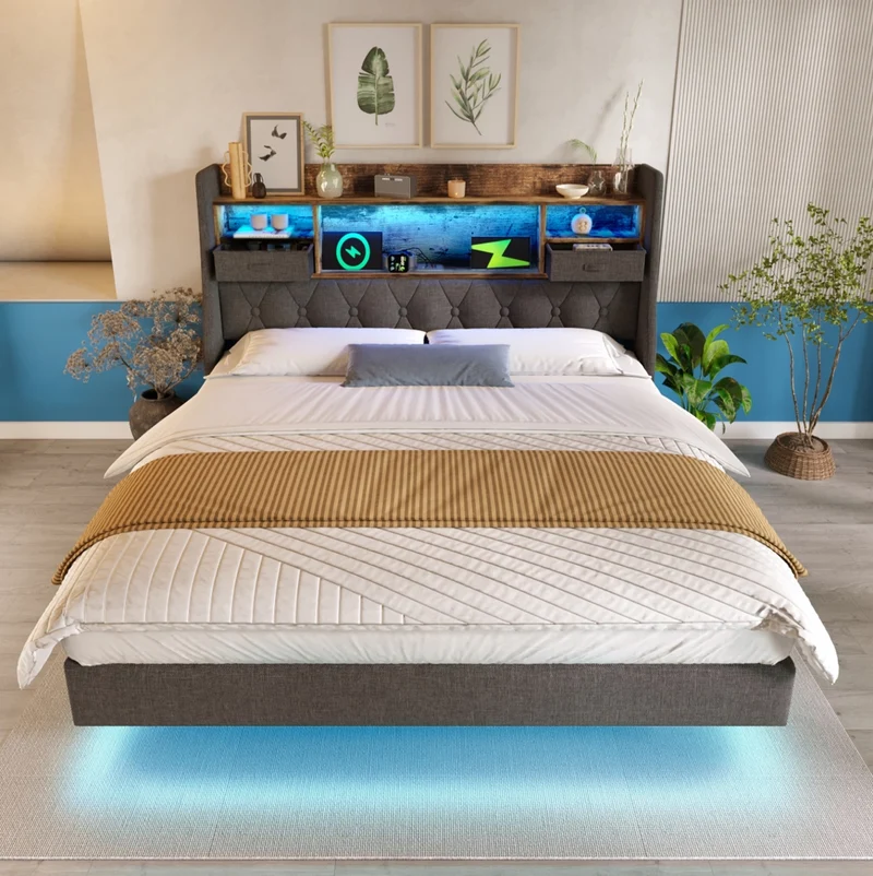 Letto matrimoniale 160x200 cm in lino grigio con LED; prese USB e contenitore testiera