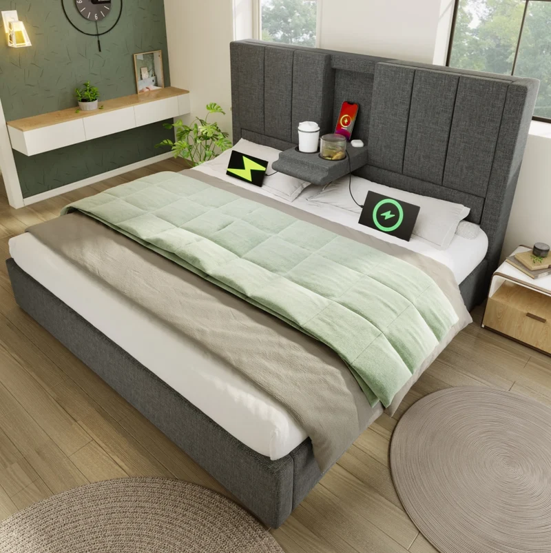 Letto matrimoniale imbottito 160x200 cm in lino grigio con materasso; contenitore e prese USB