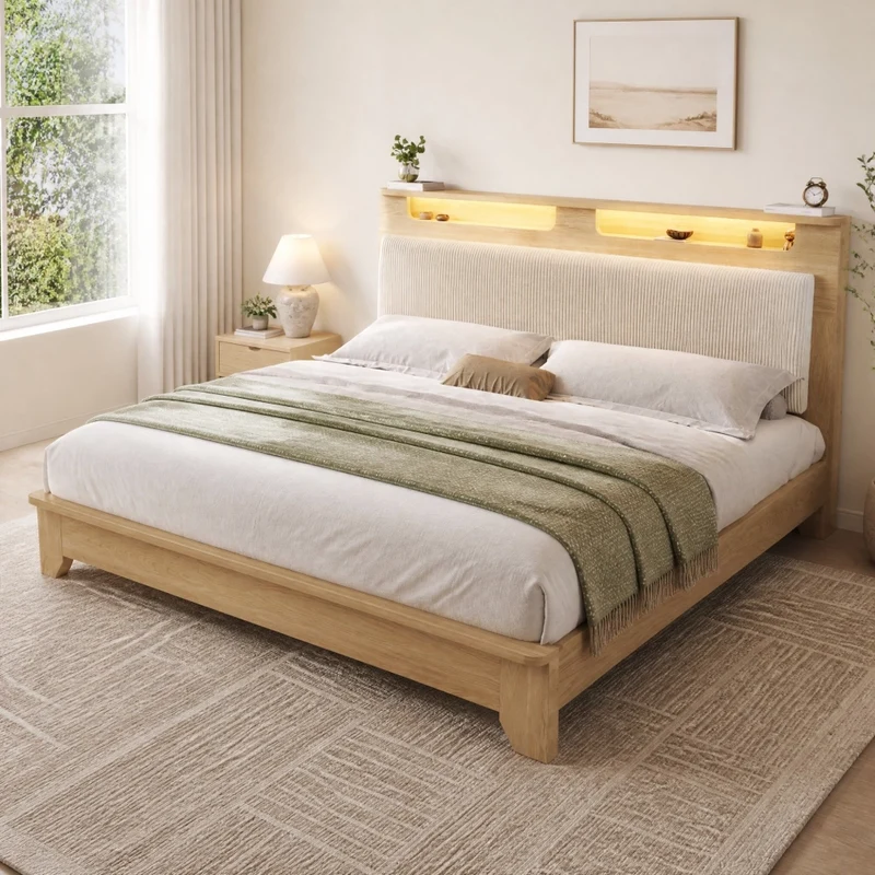 Letto matrimoniale 160x200 cm con LED; testiera con vano contenitore e rivestimento beige