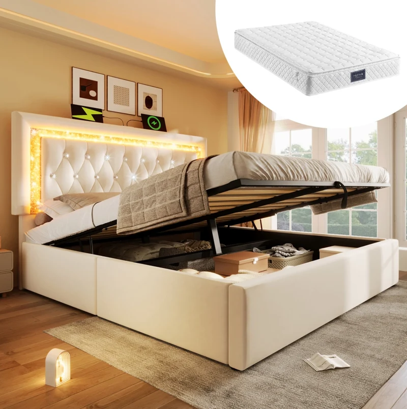 Letto matrimoniale imbottito 160x200 cm in velluto beige con LED; USB; contenitore e materasso