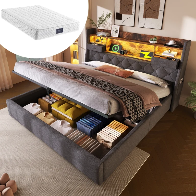 Letto matrimoniale imbottito 160x200 cm in lino grigio con contenitore; LED e presa USB/Type-C; con materasso