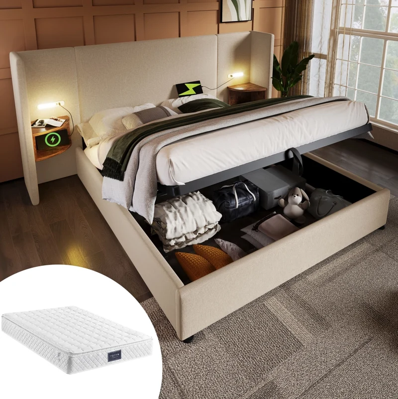 Letto matrimoniale contenitore 160x200 cm con testiera multifunzione; USB e luce da lettura; beige