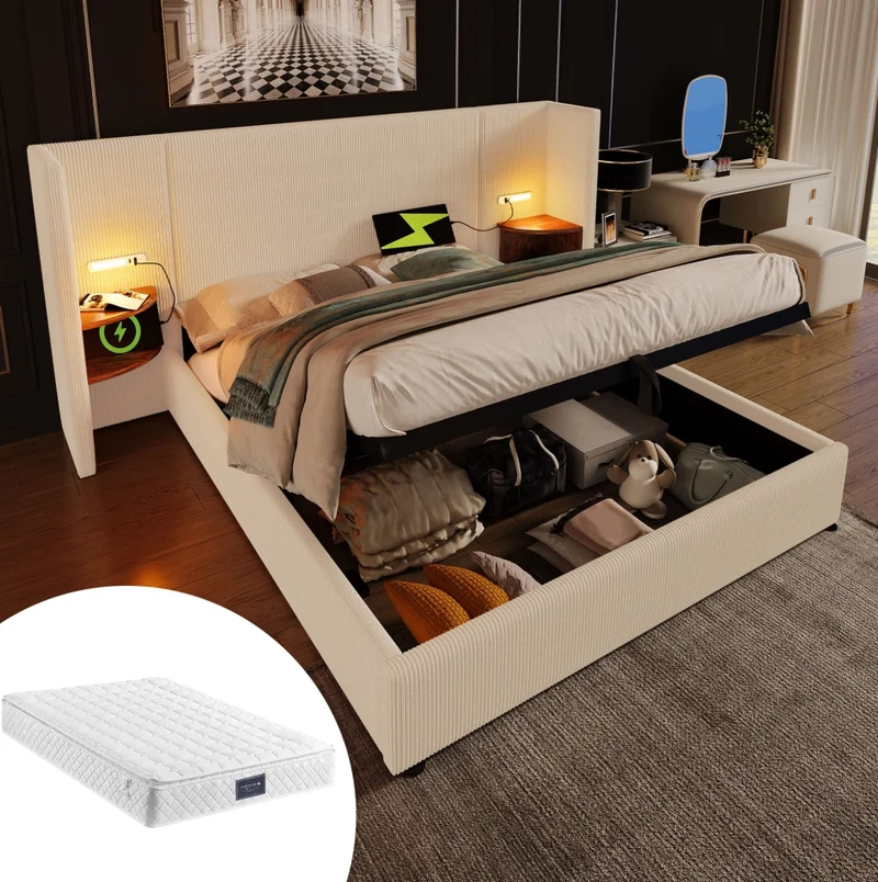 Letto matrimoniale contenitore 160x200 cm con testiera; luce LED; USB e Type-C; beige-bianco in tessuto a coste con materasso