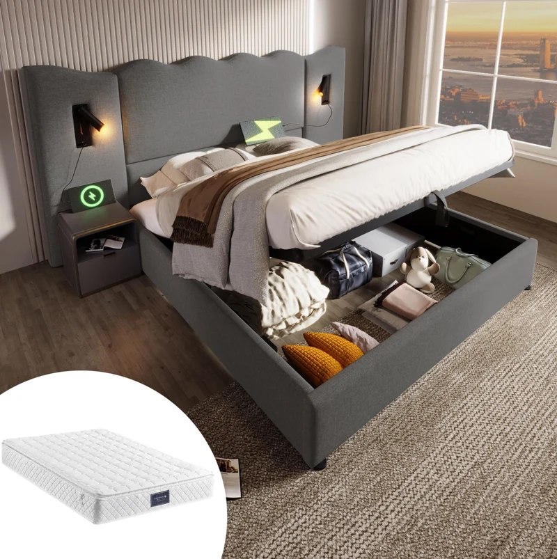 Letto matrimoniale 160x200 cm con contenitore; luce da lettura e porte USB Type-C; grigio