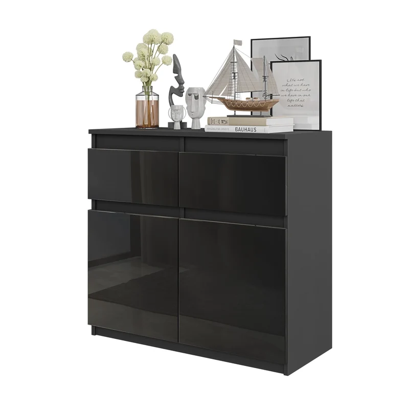 NOAH - Cassettiera con 2 cassetti e 2 ante - Credenza per camera da letto - Antracite / Nero Lucido