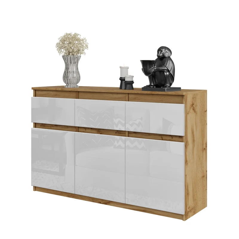 NOAH - Cassettiera a 3 cassetti e 3 ante - Credenza per camera da letto - Quercia Wotan / Bianco Lucido