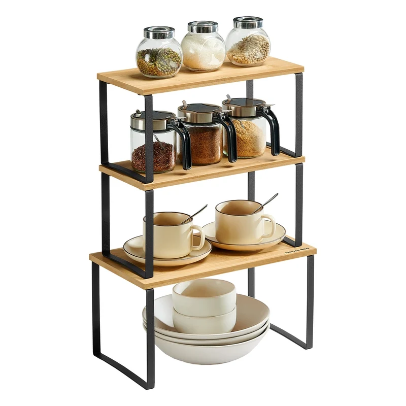 Organizzatori Armadio da Cucina Impilabili Espandibili in Metallo e Bambù
