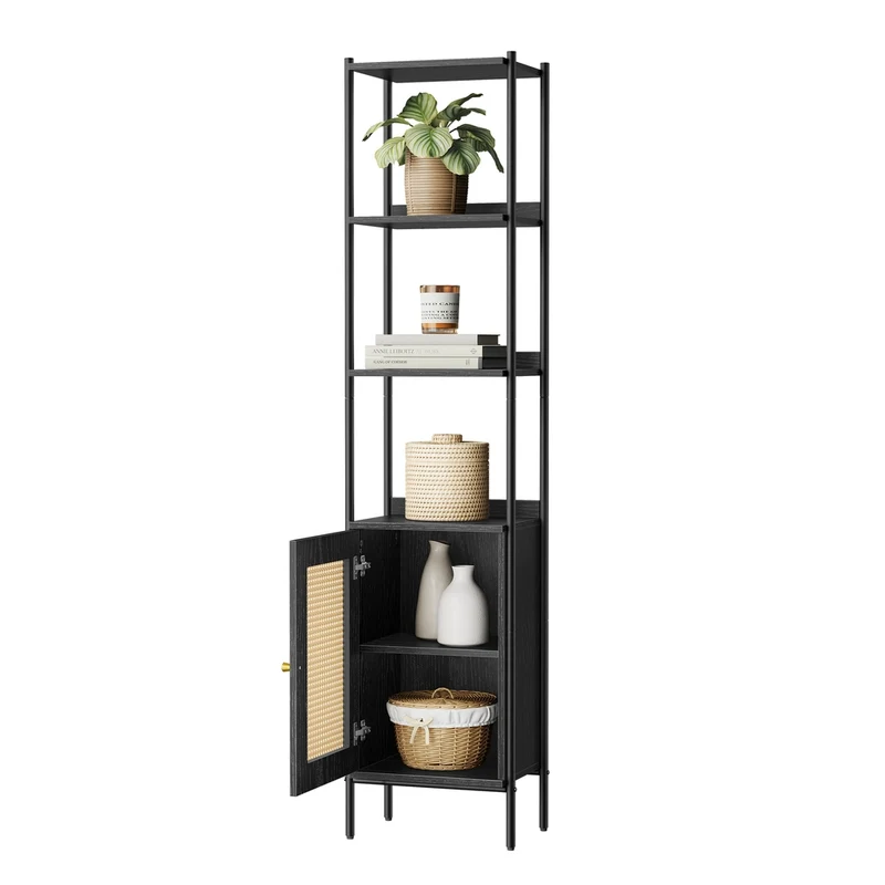 Libreria Scaffale Verticale con Anta Simil Rattan Stile Boho