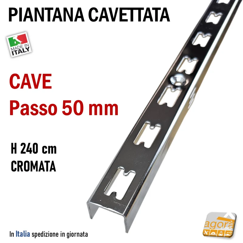 PIANTANA CAVETTATO P50 CAVE U 240cm BIANCO CROMO ATTREZZATURA PARETE ARREDO NEGOZIO