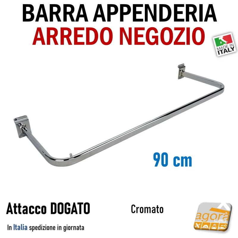 BARRA PARETE APPENDERIA ATTACCO DOGATO SBALZO 90cm Cromo ATTREZZATURA ARREDO NEGOZIO