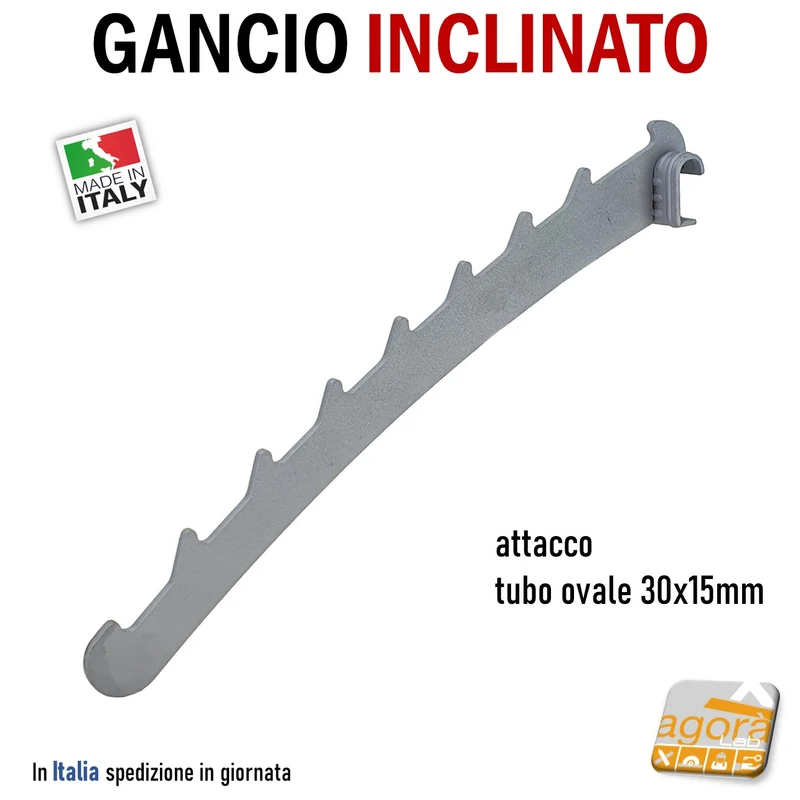 GANCIO INCLINATO BROCHE ATTREZZATURA NEGOZIO ATTACCO TUBO OVALE 30X15 GRIGIO